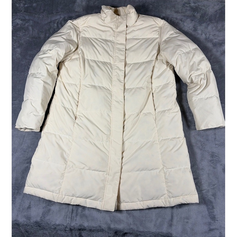 LL Bean Womens Down Puffer Coat Cream Quilted Long Parka Jacket 227261 L PET